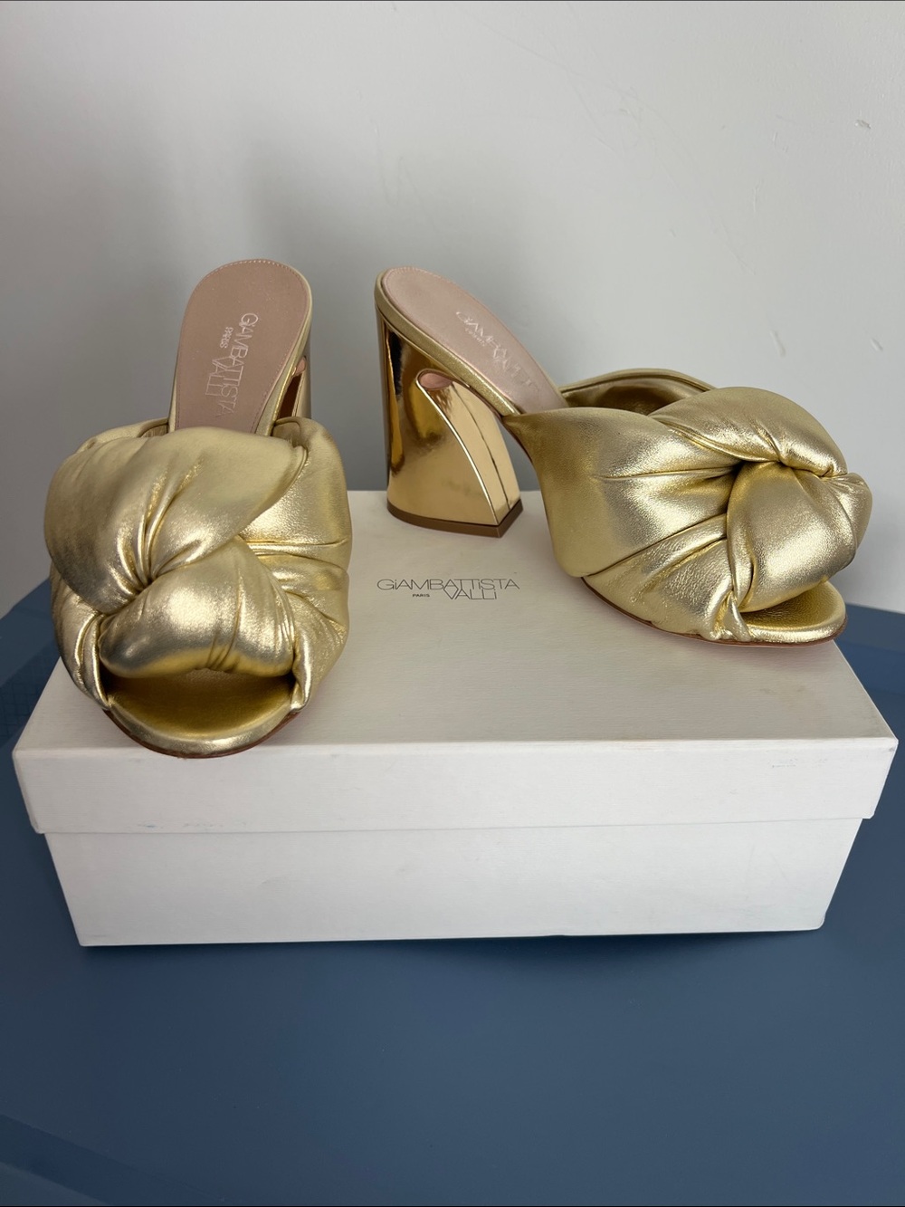 Giambattista Valli metallic gold knot mule sandals geometric chunky block heels